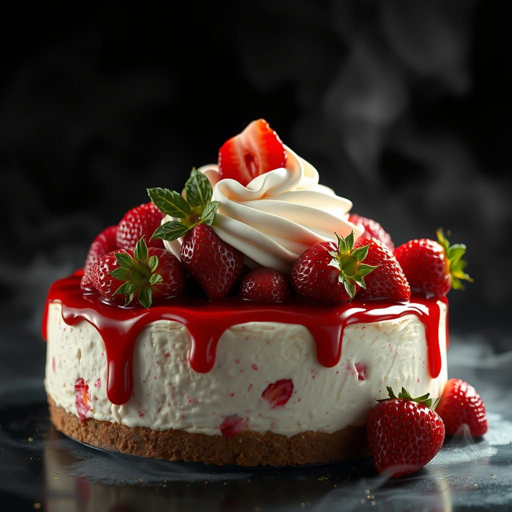 Surreal Strawberry Cheesecake in a Mystical Realm