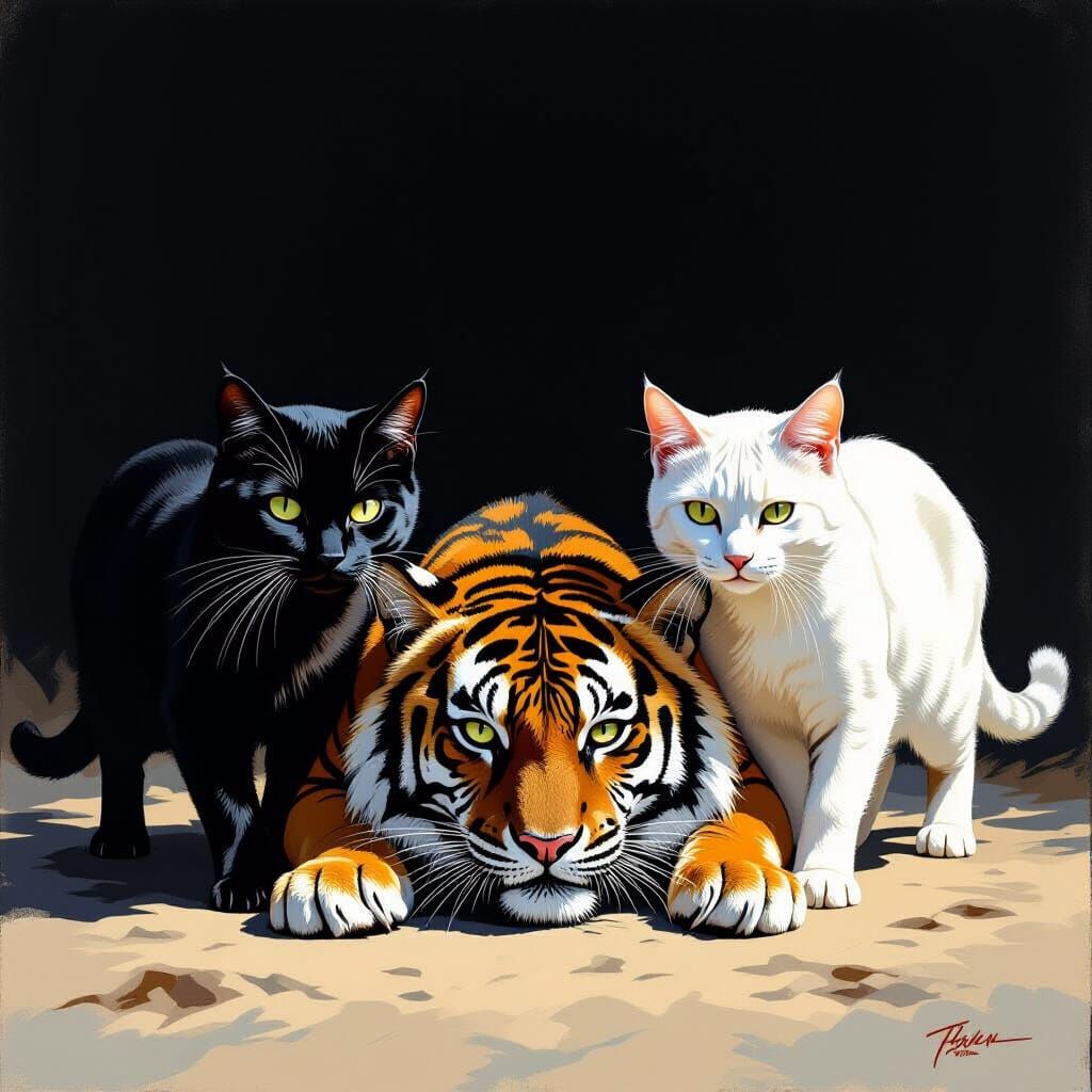 Cats vs. Tiger in Dramatic Chiaroscuro Style