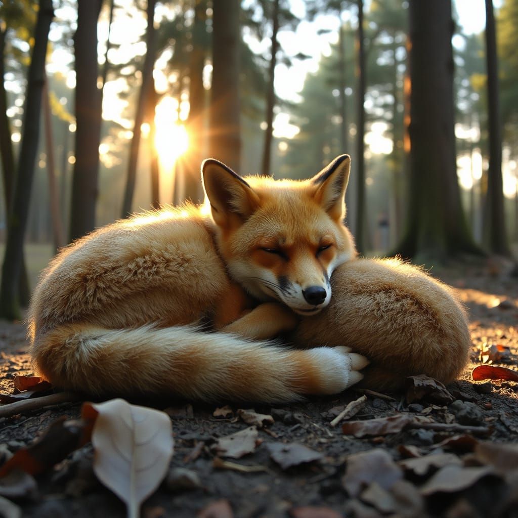 Fox Sleeping in Forest Clearing, Digital Painting