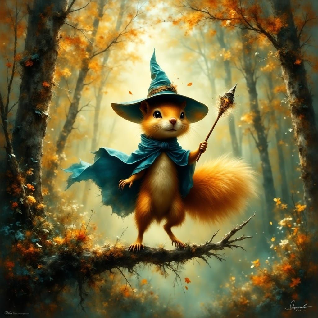 Squirrel Wizard Levitation in Hyperrealistic Forest