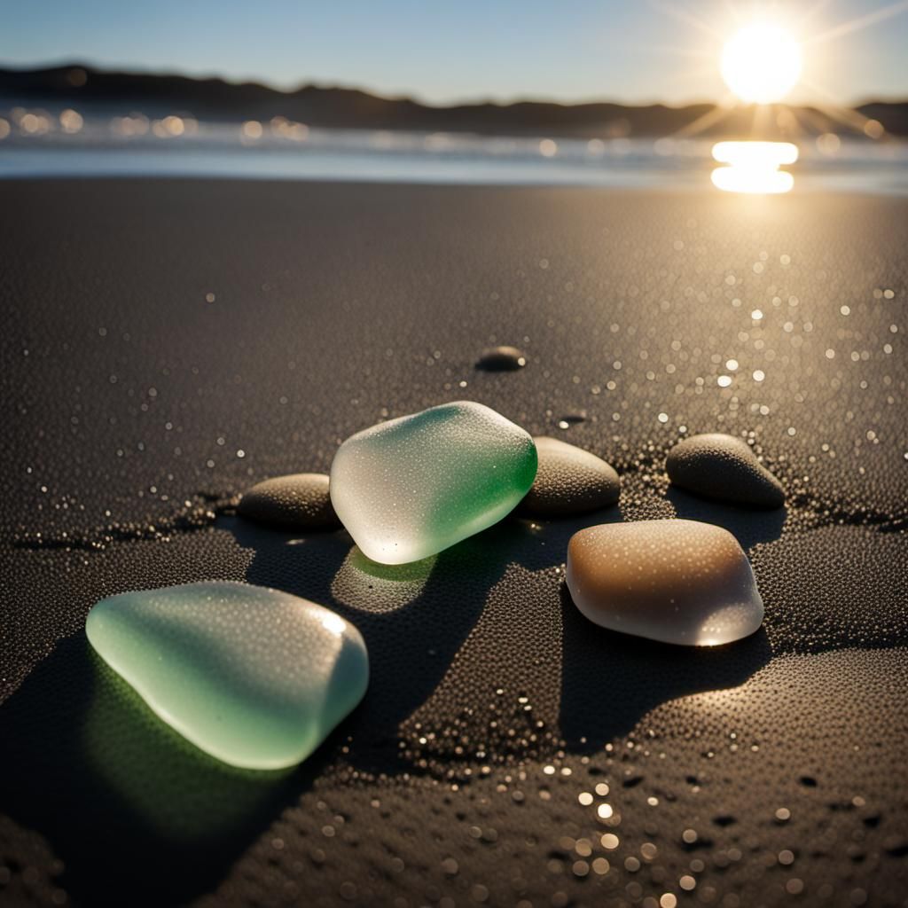 Shimmering Sea Glass on a Sunrise Beach