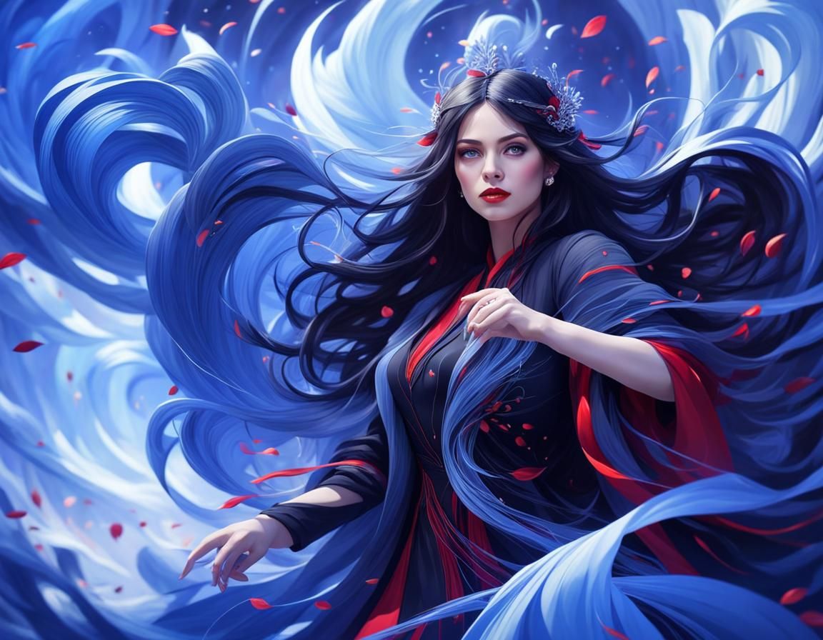 Fantastical White Female Character in a Swirling Red Backgro...