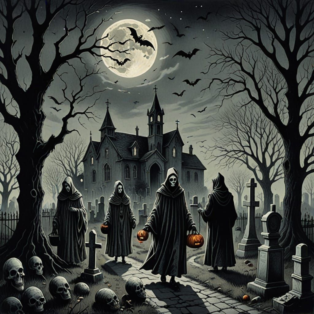 Spooky Creatures Trick-or-Treating in Eerie Cemetery