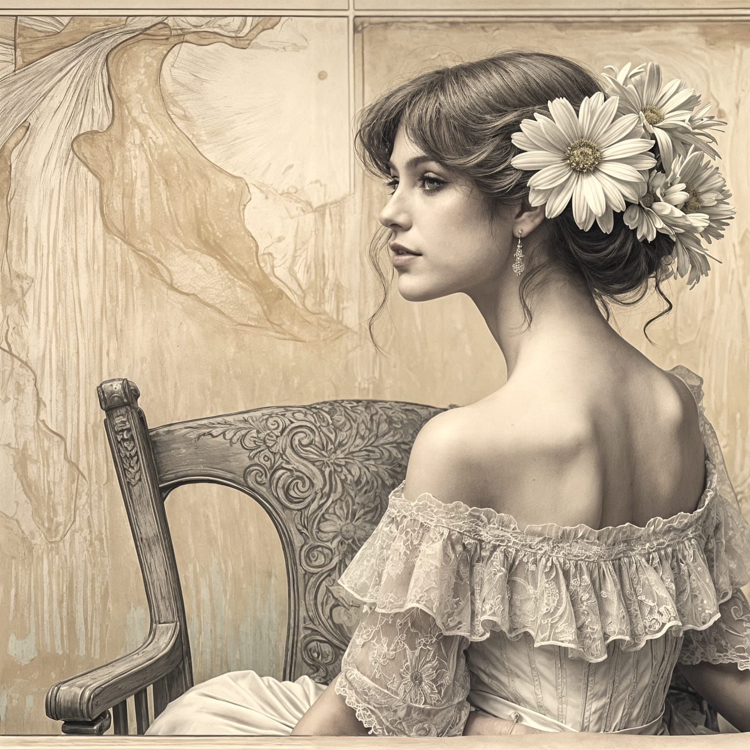 Woman in Vintage Art Nouveau Style with Daisy Hairpiece