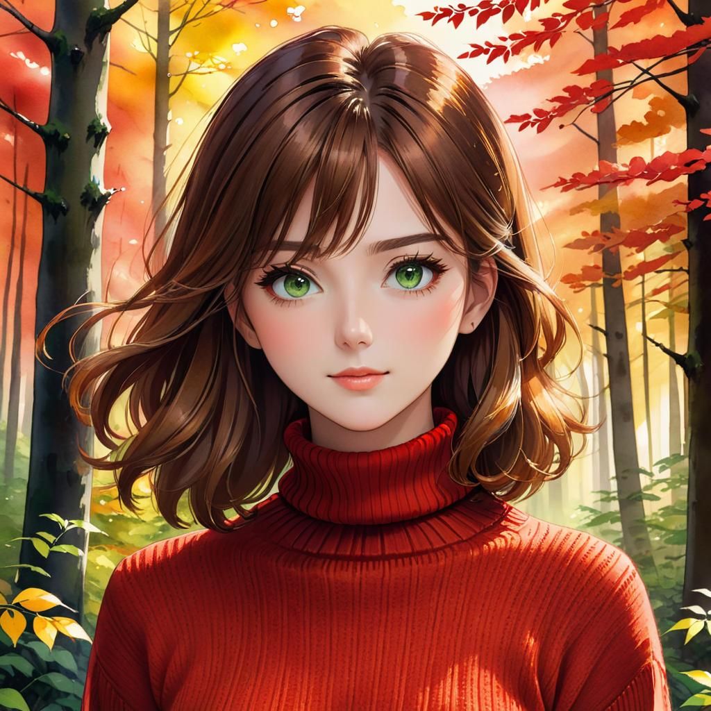 Anime Girl Portrait in Watercolor Autumn Forest