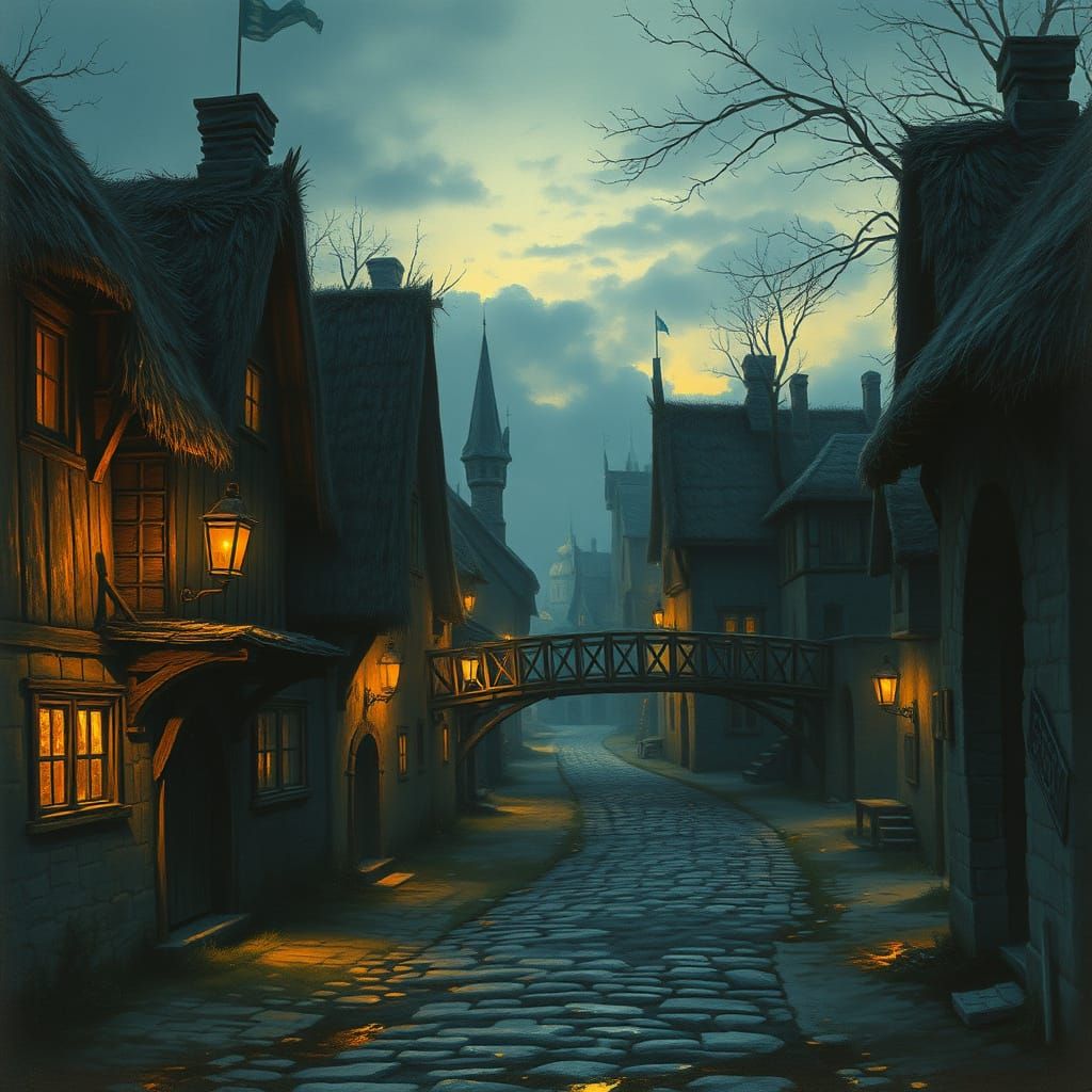 Medieval Village Under Golden Candlelight
