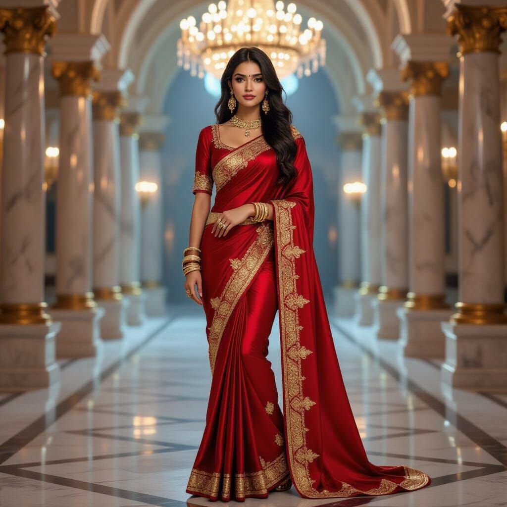 Woman in Red Saree in Palace Hall Digital Art