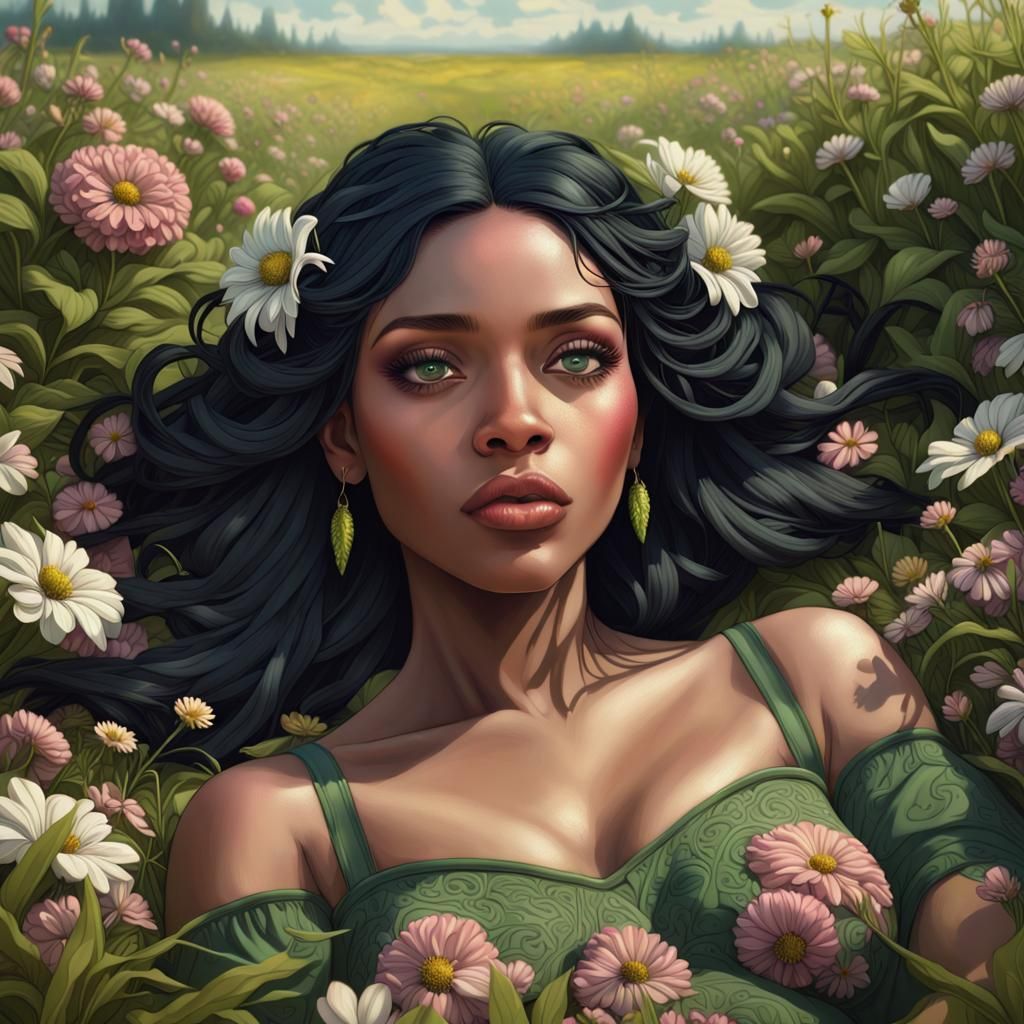 Igbo Woman in Field of Flowers: Digital Art Portrait