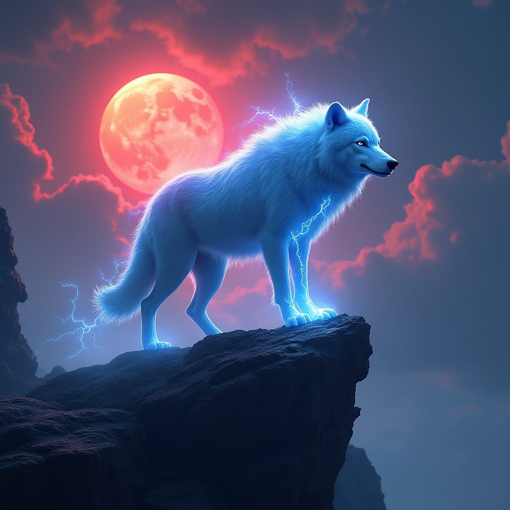 Majestic Lightning Wolf on Cliff with Red Moon and Pink Clou...