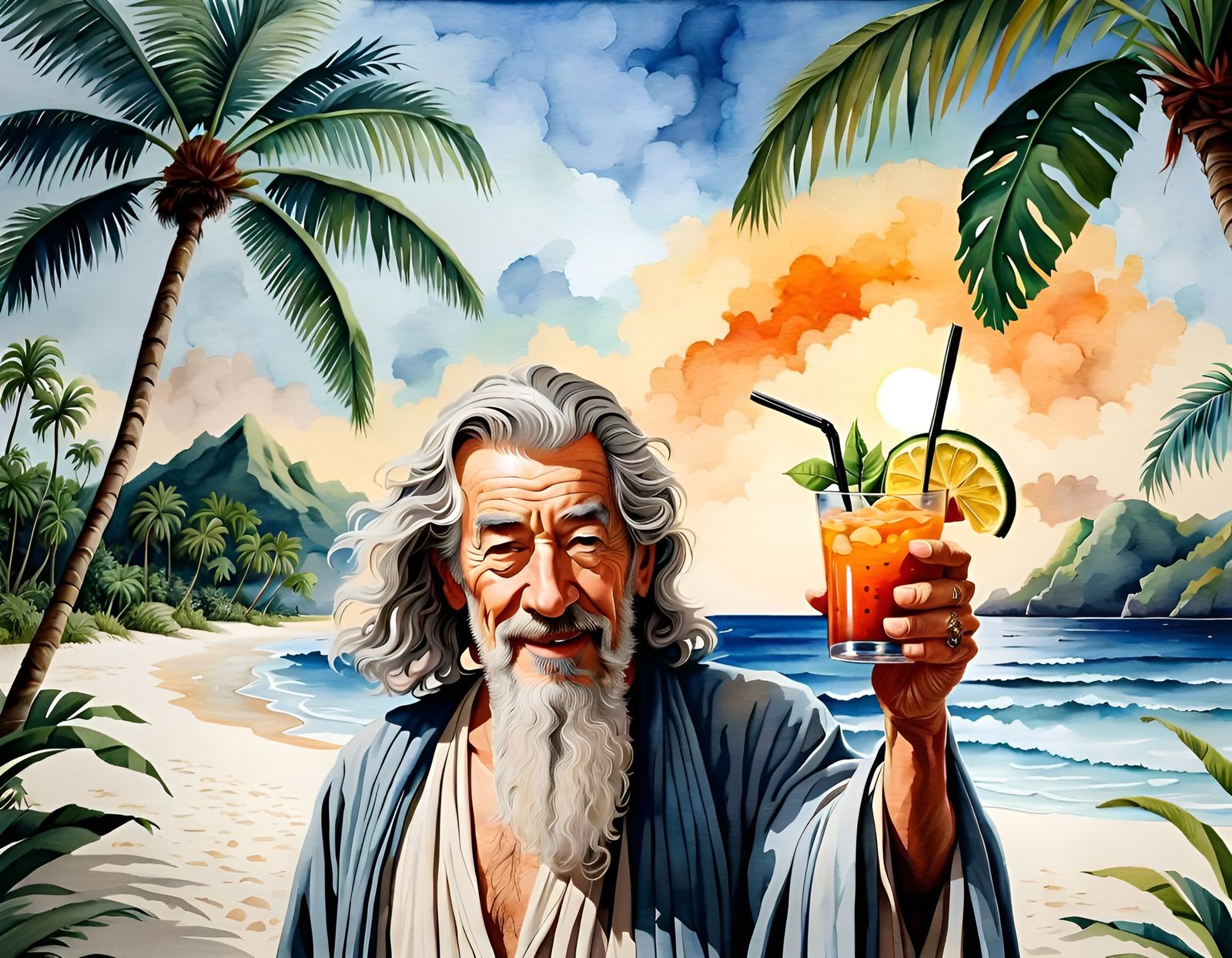 Gandalf's Tropical Retirement: A Watercolor Painting