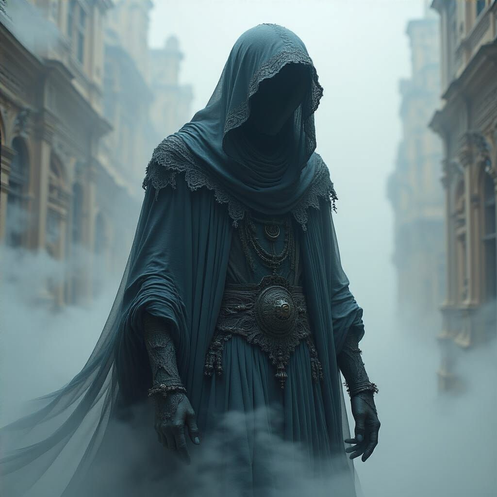 Ethereal Figure in Dreamlike, Futuristic Landscape