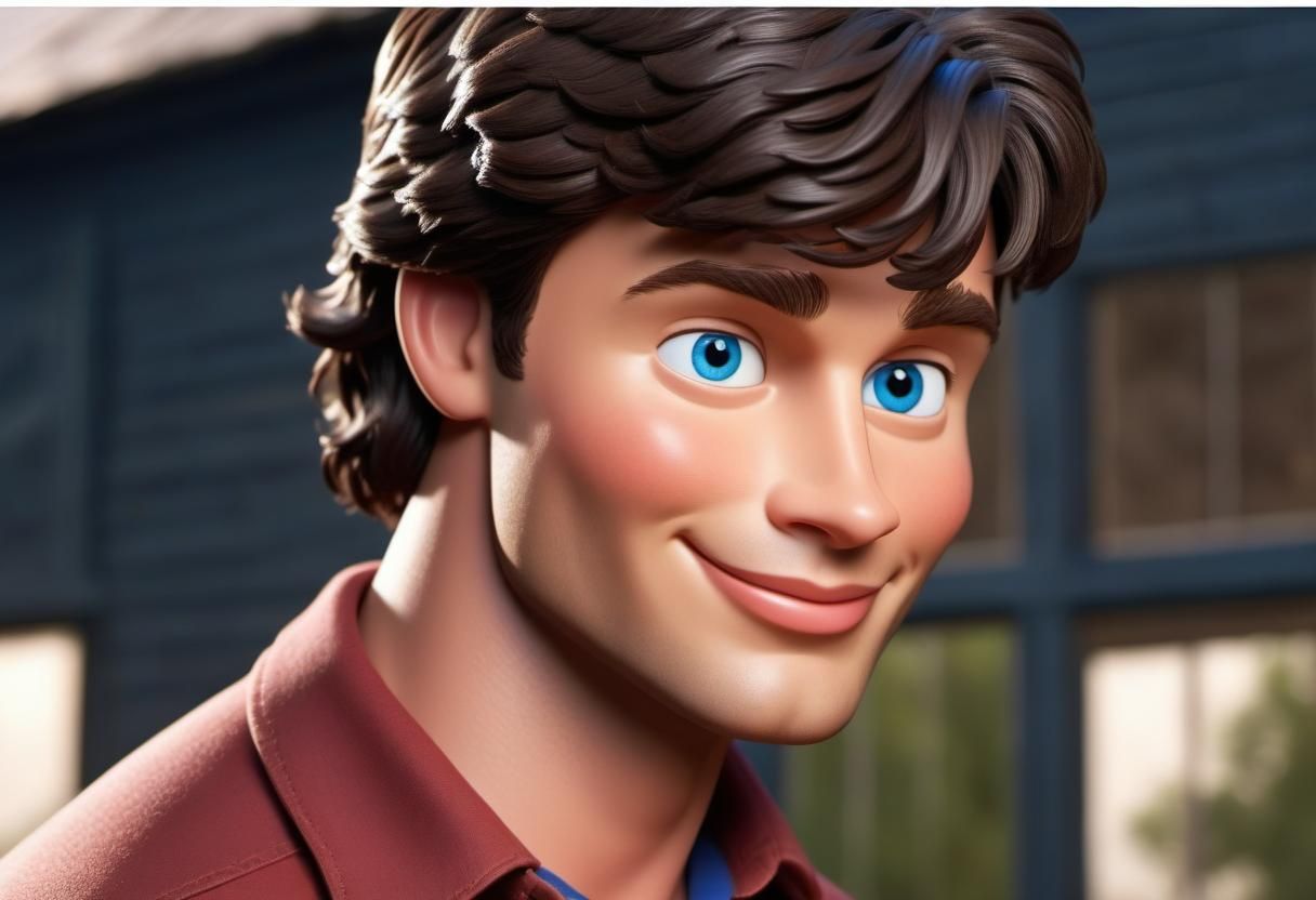 Disney Pixar style 3D adorable handsome Tom Welling as character Clark Kent from Smallville, dark brown hair and blue ey...