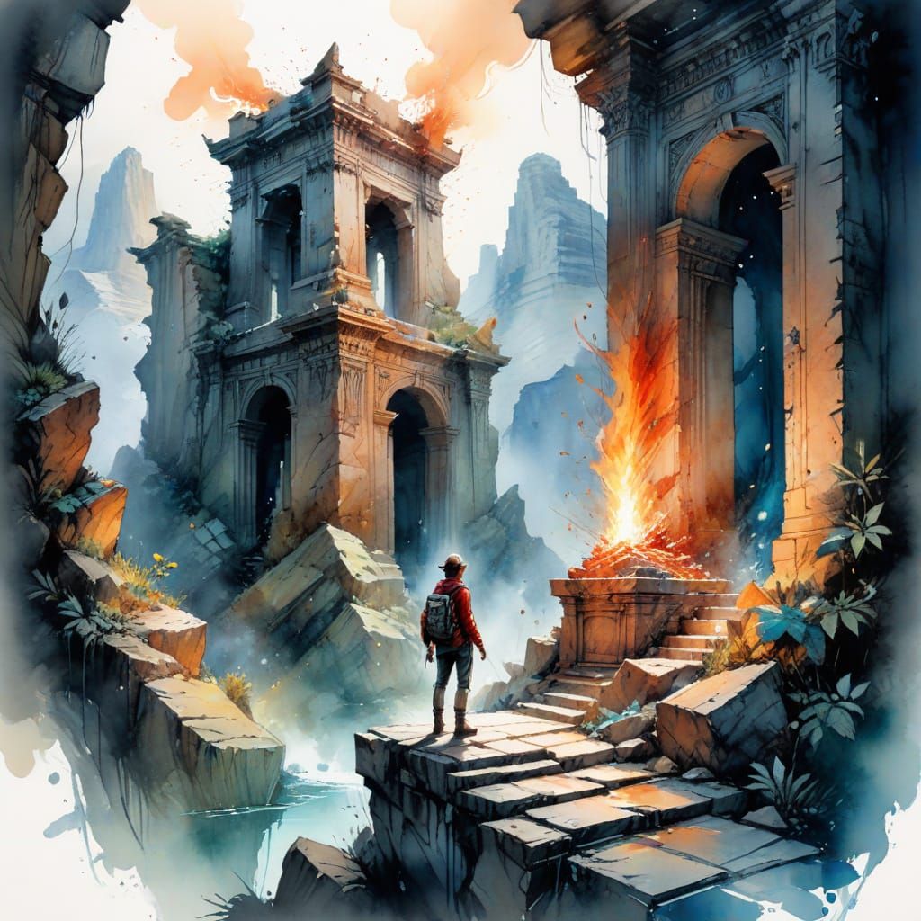 Explorer at Forgotten Temple with Glowing Relic