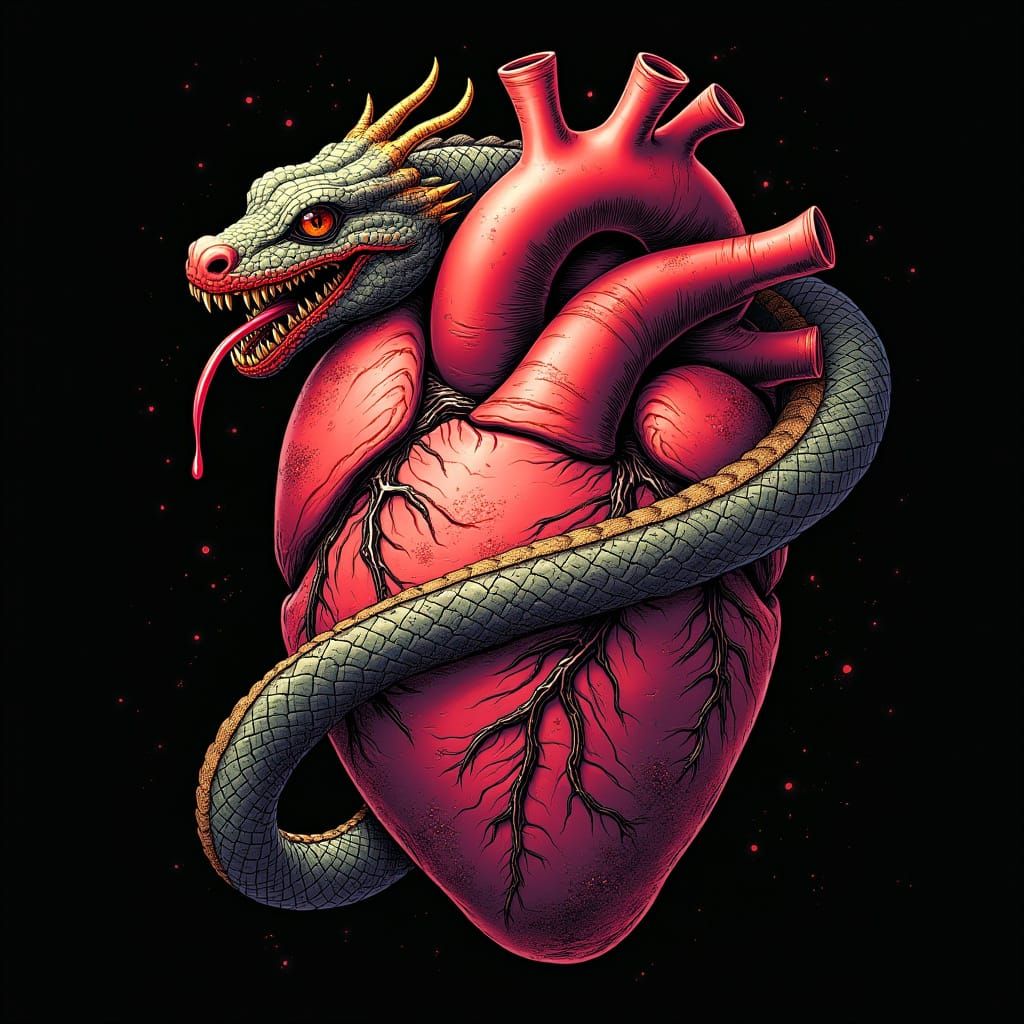 Dragon Snake Pierces Heart in Dark Punk Style