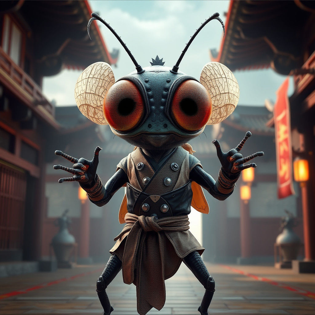 Flea Ninja as Bruce Lee in Dojo: 3D Render