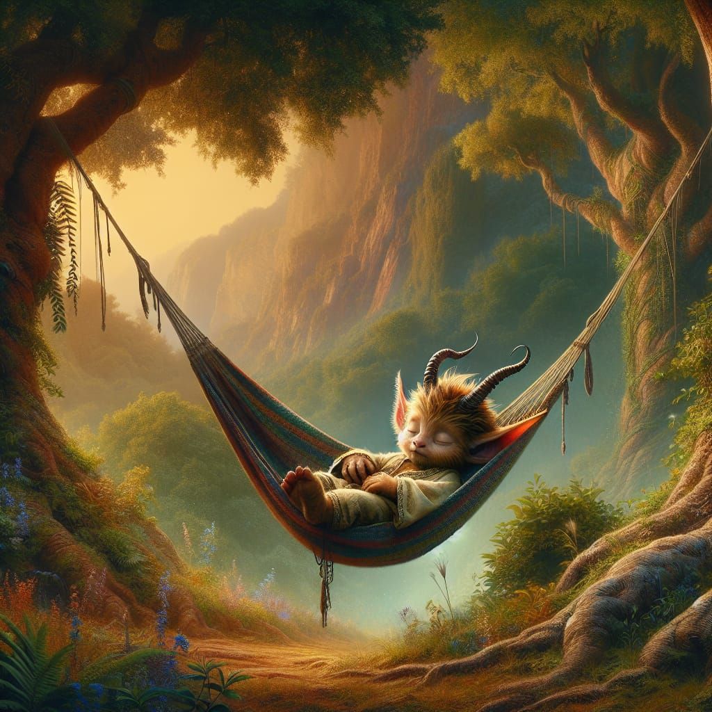 Małe dziecko Bephomet śpi w hamaku rozwieszonym pomiędzy drz...