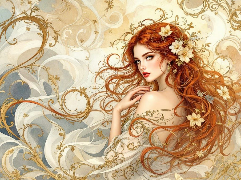 Ethereal Fantasy Queen in Art Nouveau Elegance