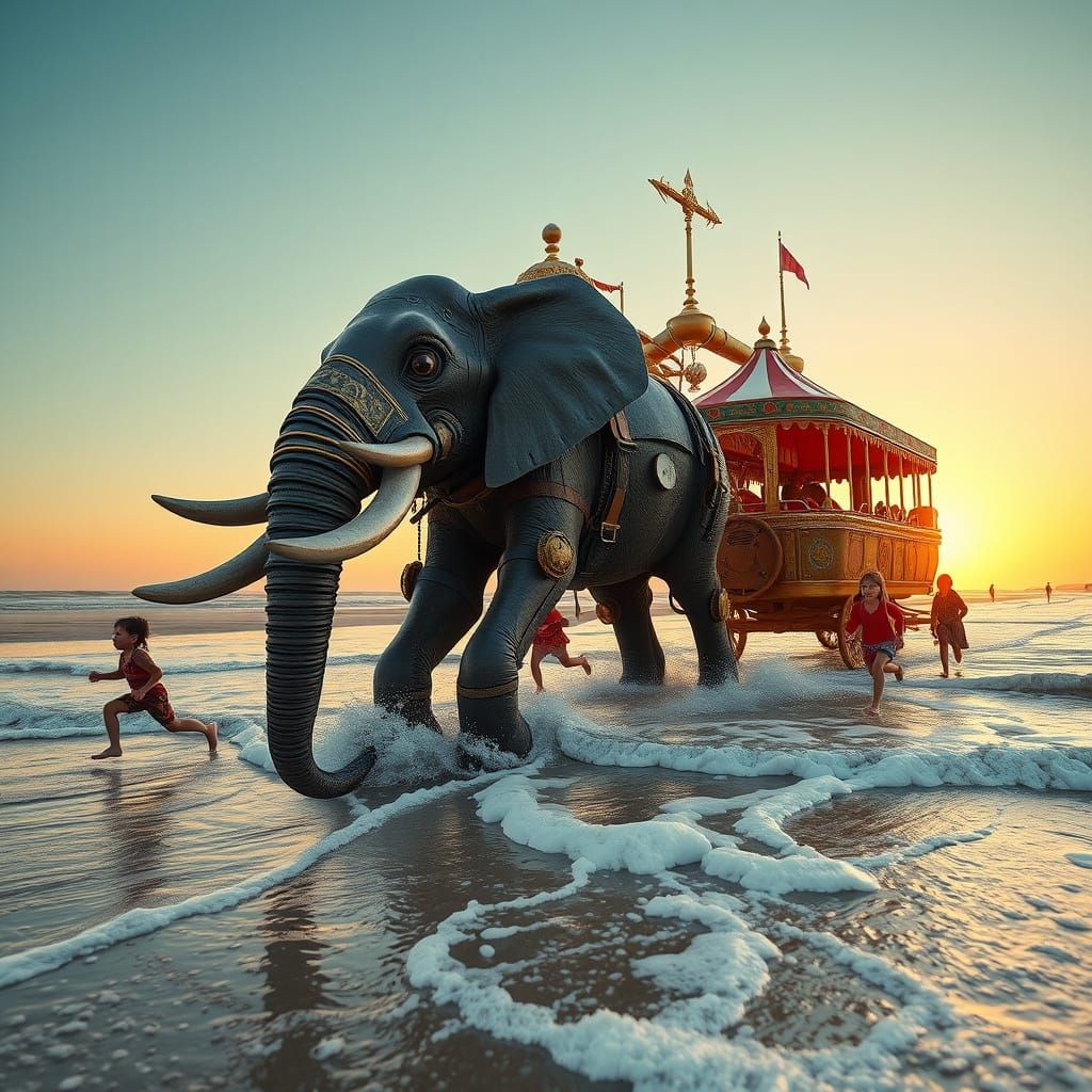 Steampunk Elephant Pulling Circus Caravan on Beach