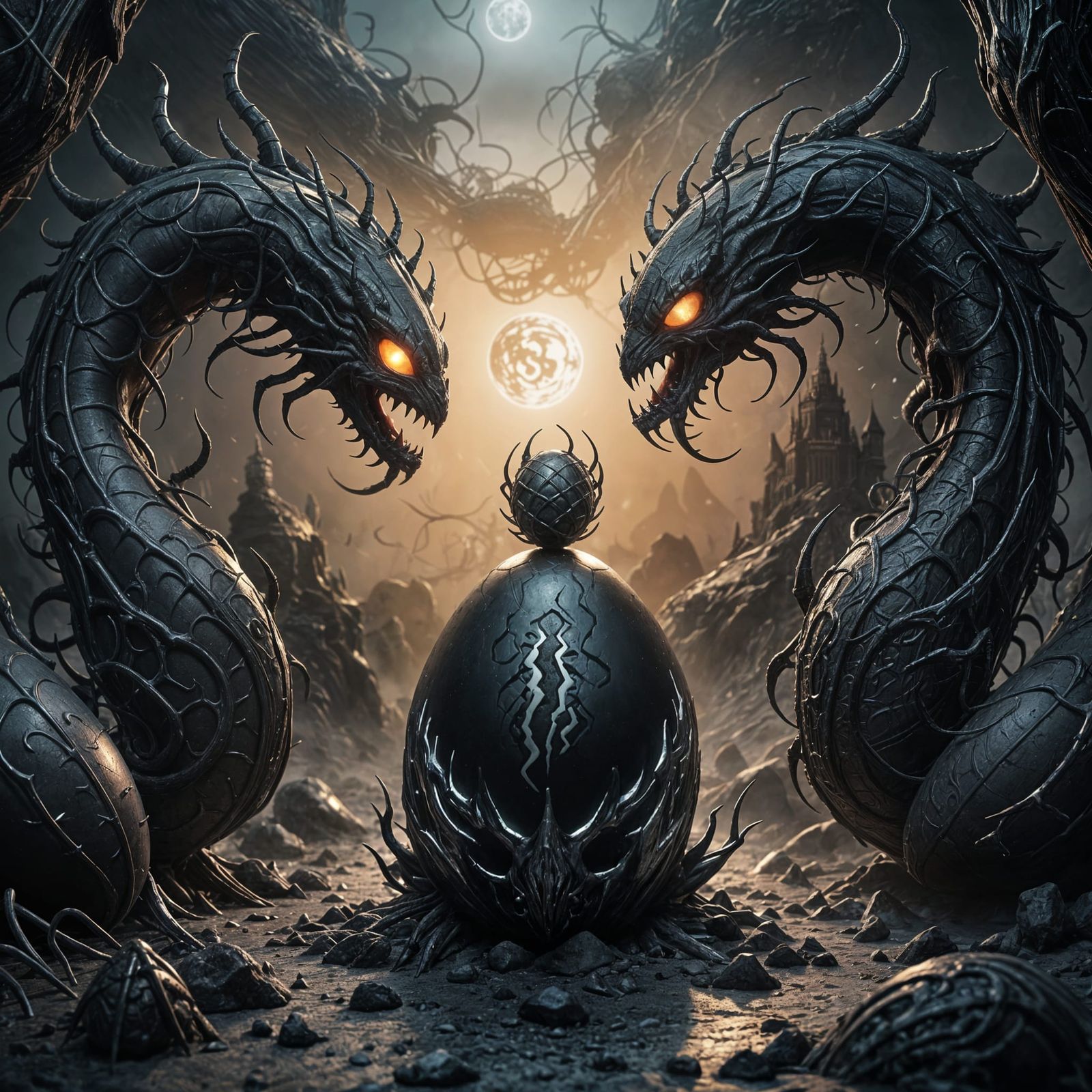 Dark Fantasy Scorpio Arachnid Egg Emerges from Mist