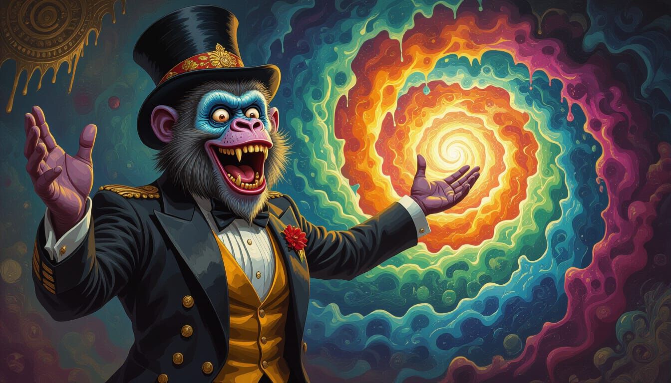 Grotesque Cryptid Ringmaster Beckons Towards Cosmic Vortex