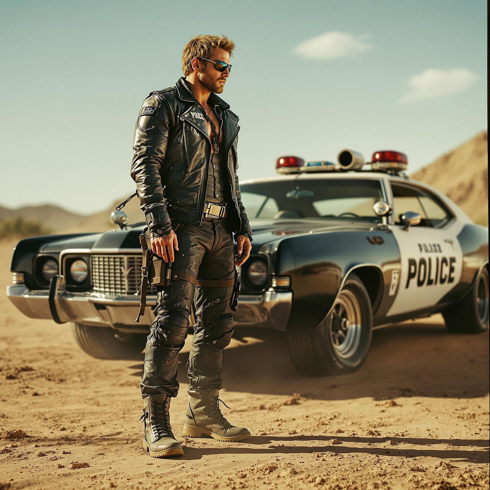 Mad Max and His V8 Interceptor: Cinematic Film Still