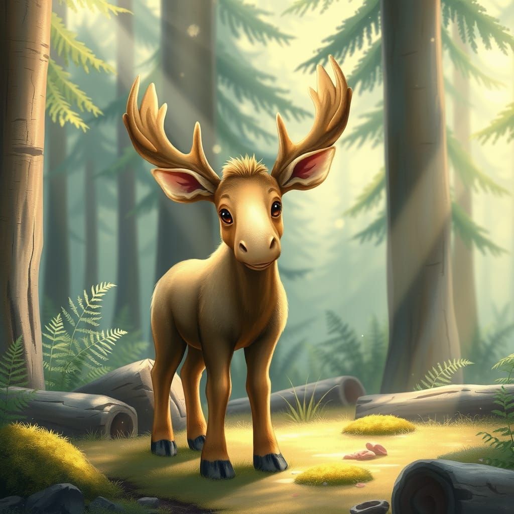 Whimsical Baby Moose in Enchanting Forest