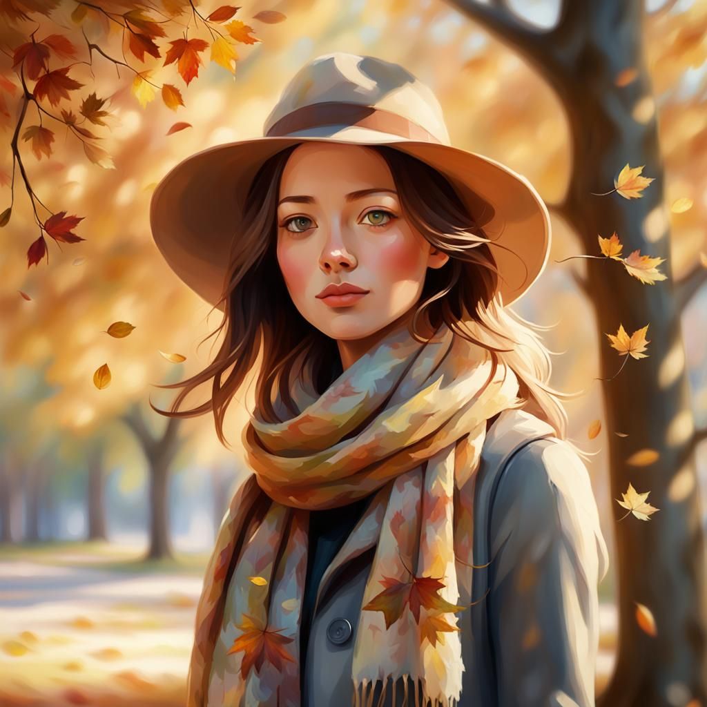 Impressionist Girl Under Autumn Tree in Golden Light