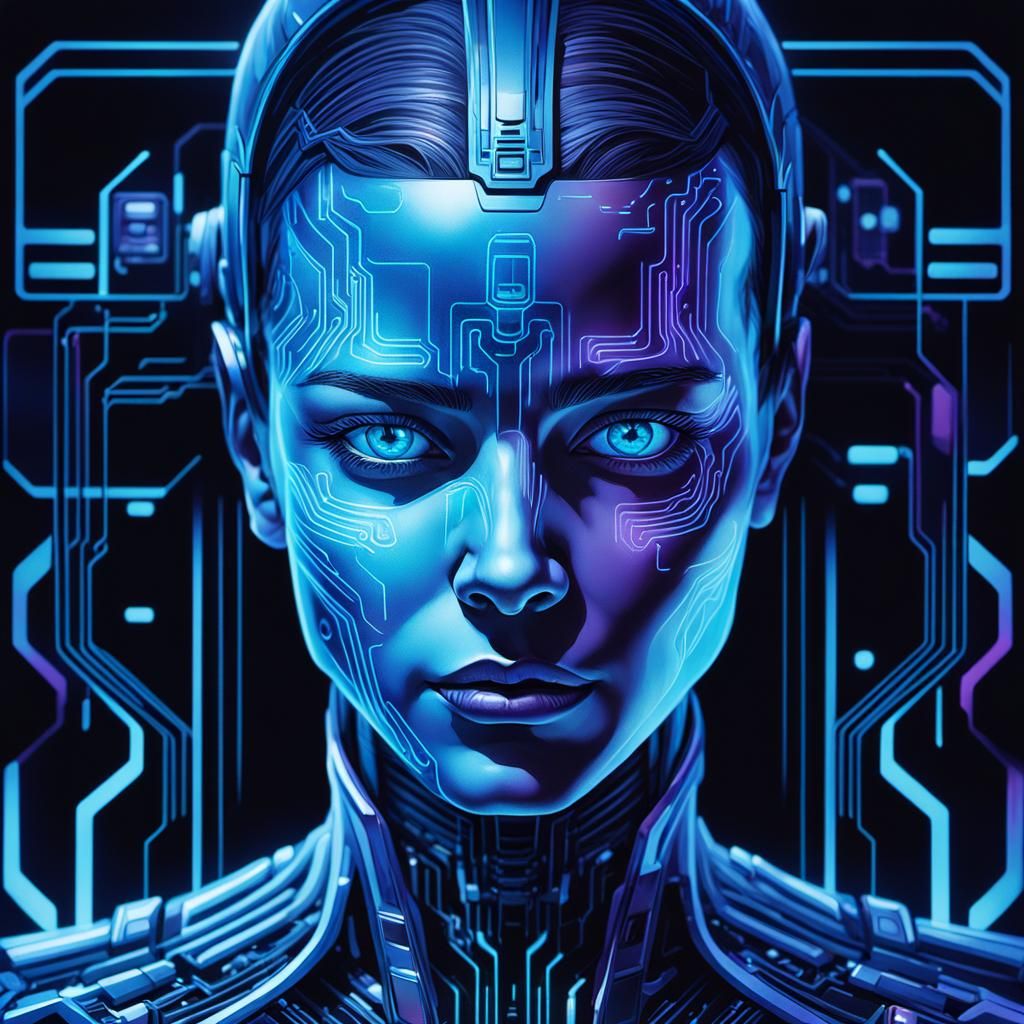 Hologram of a ai behind the computer, sci-ficty, metrics style, clean oil ink airbrush painting, transparant,