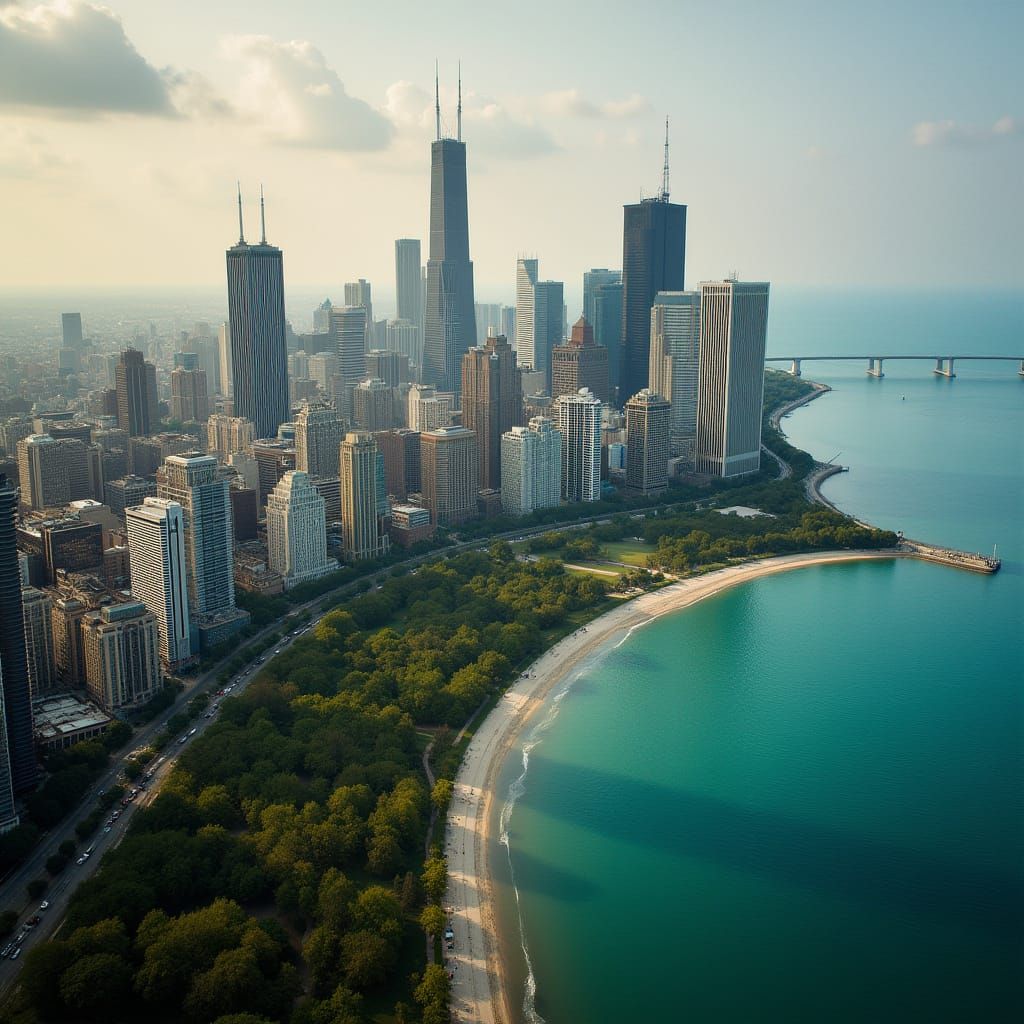Chicago Cityscape at Dusk, Lake Michigan and Iconic Skyscrap...