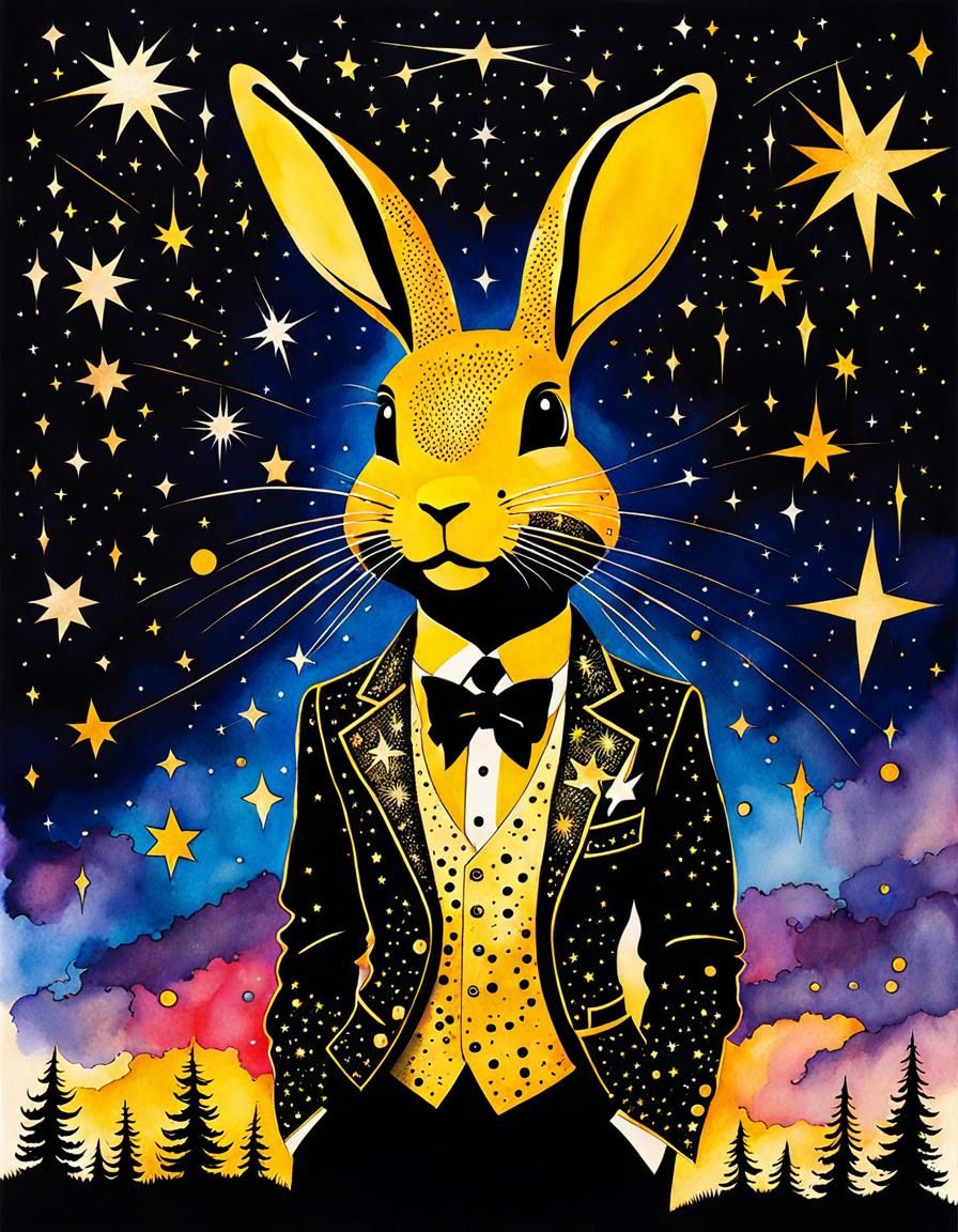 Starry Night Rabbit in Watercolor Ink Style