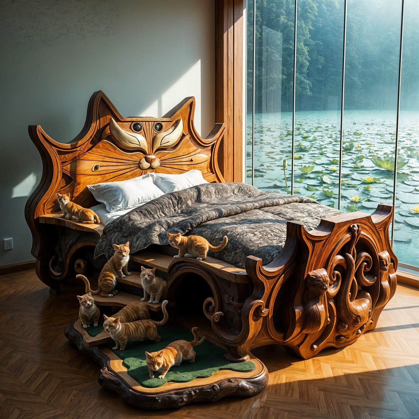 Whimsical Wooden Cat Bed Amidst Mycelium Staircase in Serene...