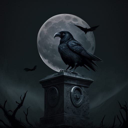 Dark Fantasy Raven on Tombstone Under Full Moon
