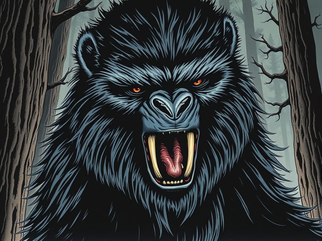 Vantablack Sasquatch Growling: Horror Woodcut