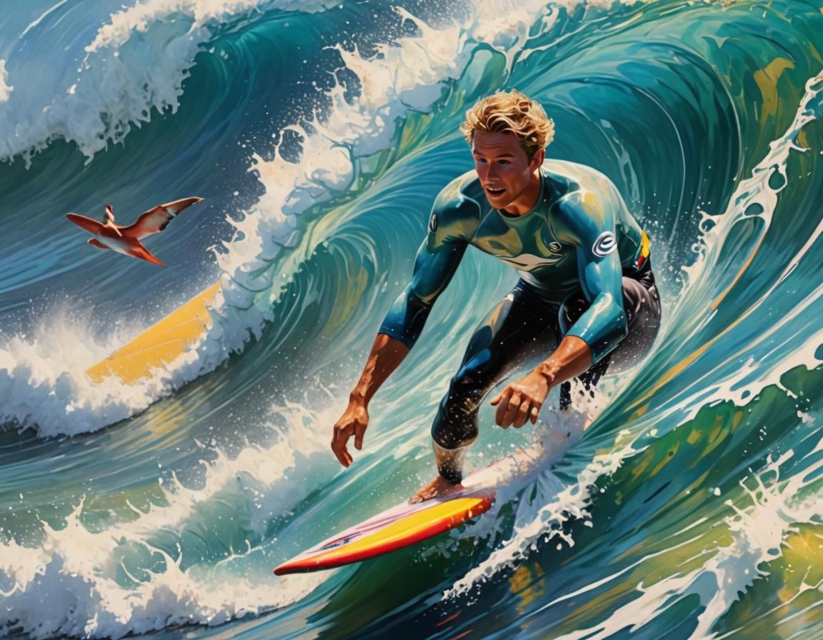 Surfer Rides Translucent Wave in Splash Art Style
