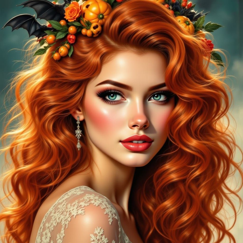 1950s Halloween Pin-Up Woman with Red Hair