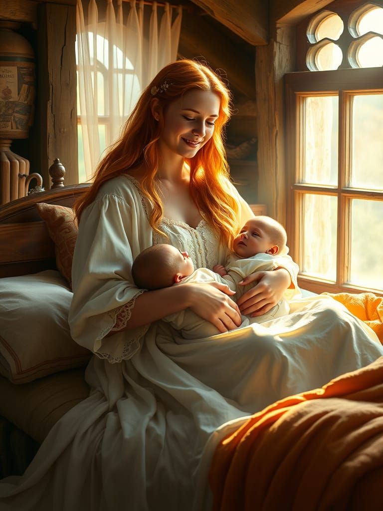 Serene Medieval Mother with Twin Babies in Cozy Cottage Bedr...