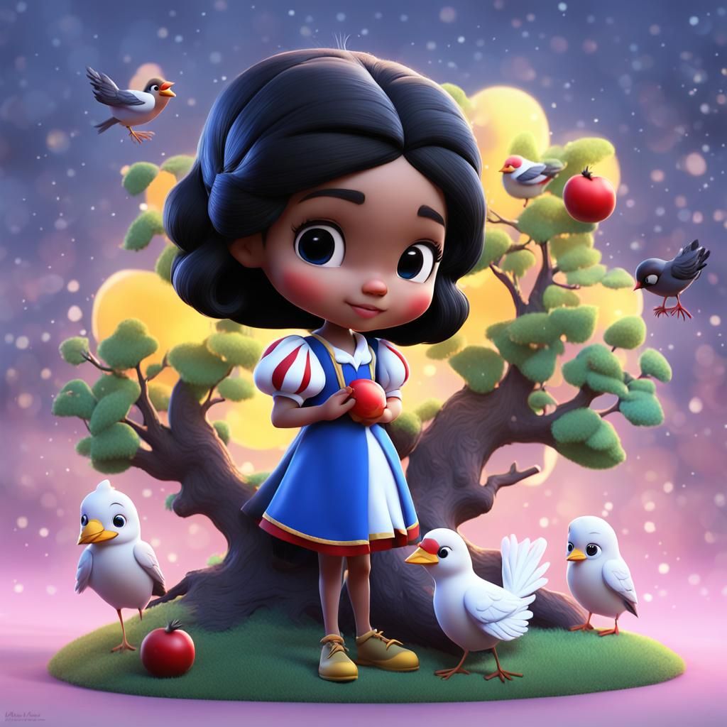 Black Chibi Snow White with Birds, 3D Art
