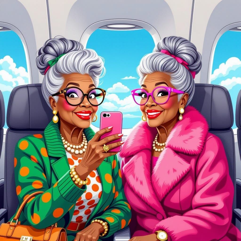Stylish Elderly Women Take Airplane Selfie, Cartoon Style
