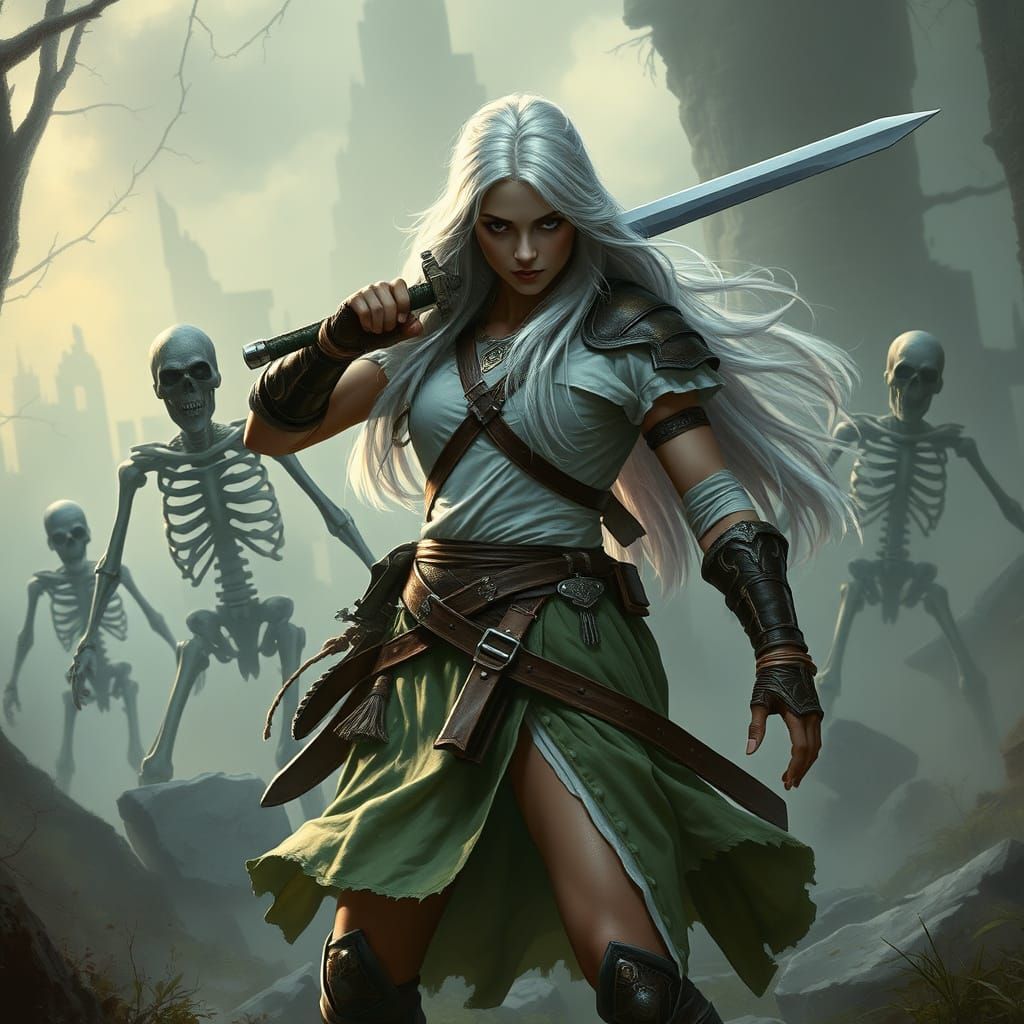 Ethereal Female Ranger Battles Undead in a Haunting Forest
