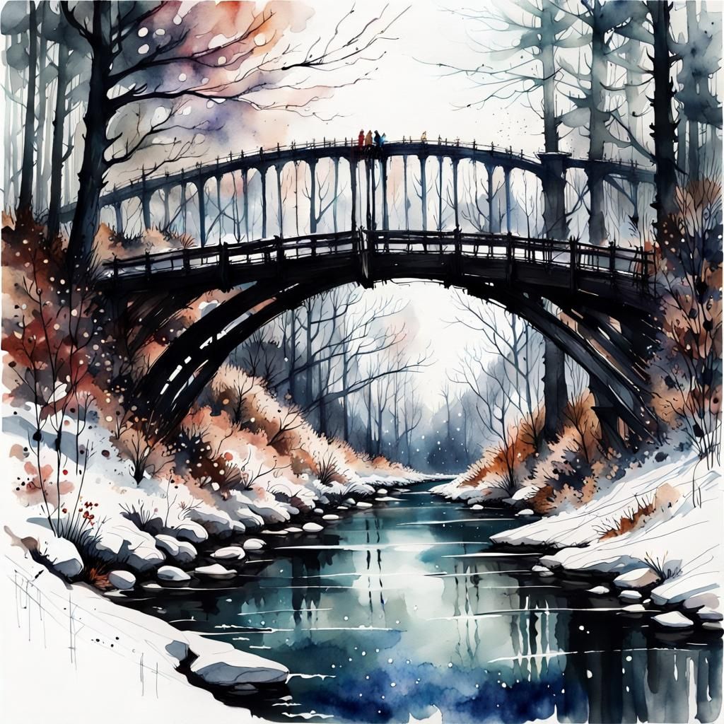 Snowy Forest Bridge under Starry Sky: Watercolor Art