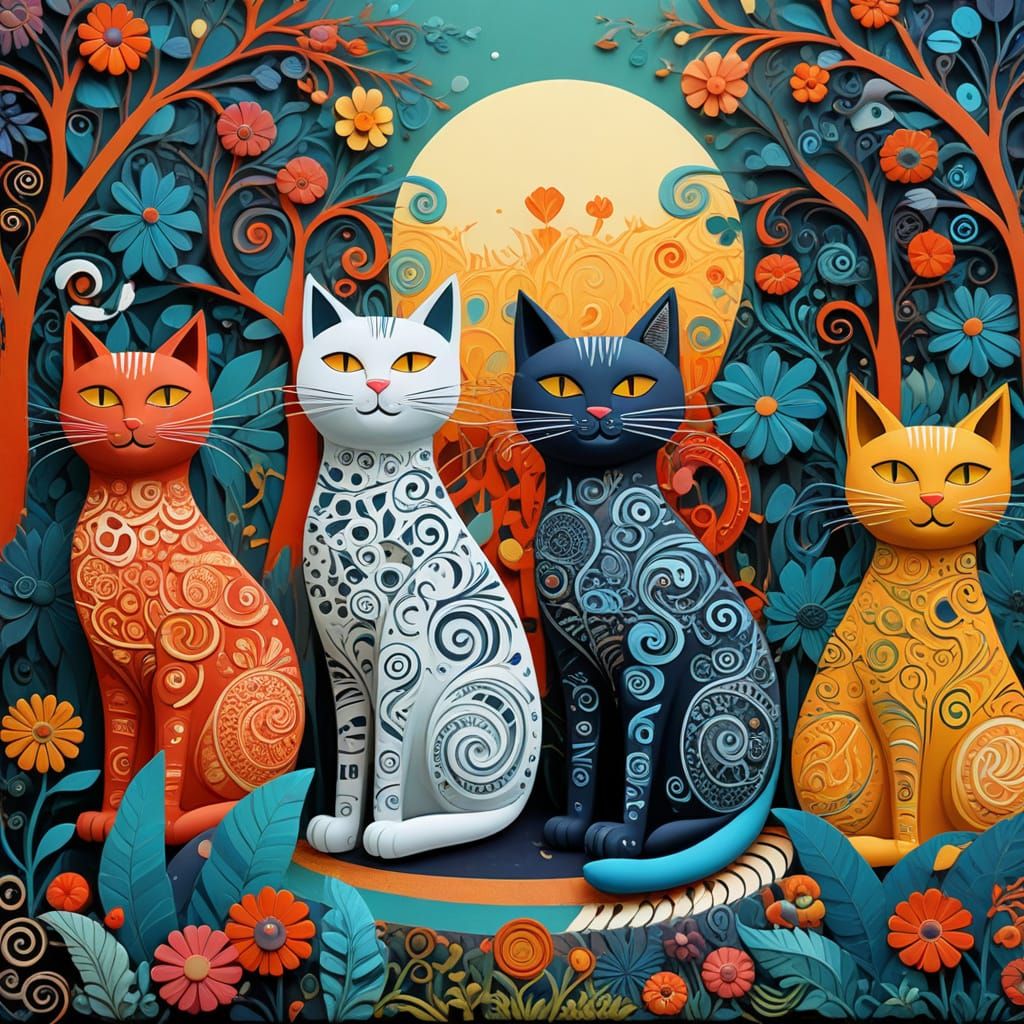 Folk Art Masterpiece: Whimsical Cats Dancing in Sunlit Scene