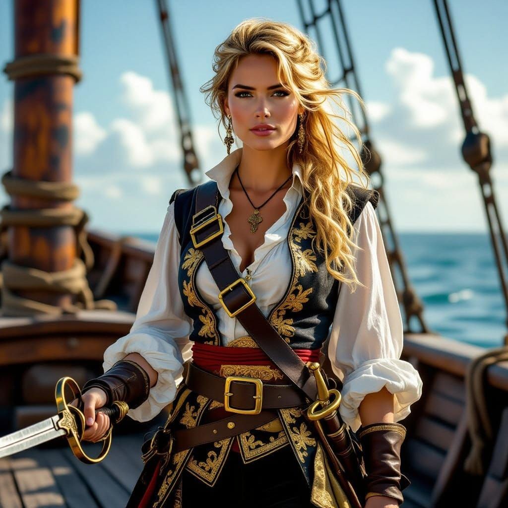 Female Pirate on Deck in Digital Painting Style