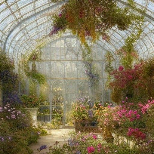 Intricate Greenhouse with Flowers in Art Nouveau Style