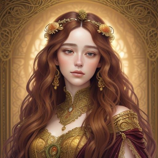 Elegant Digital Portrait in Art Nouveau Style with Golden Li...
