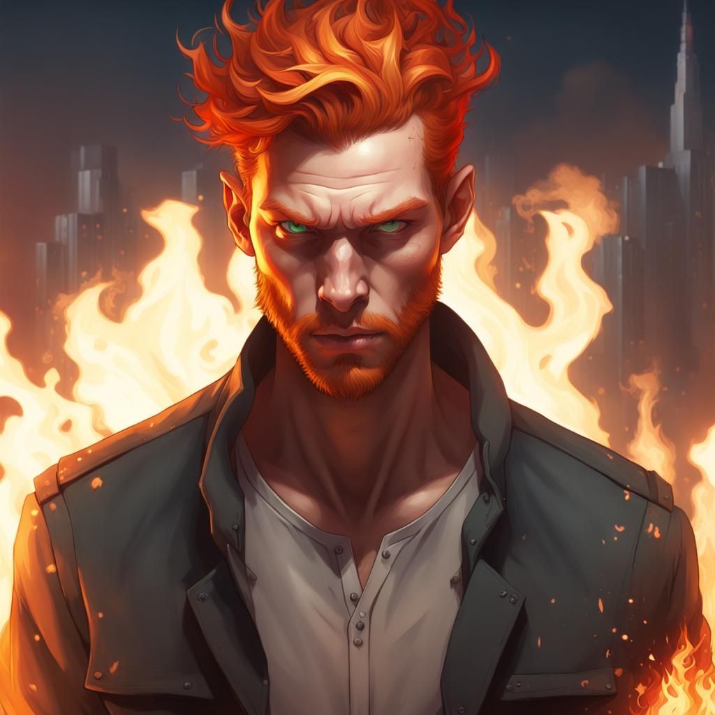 Evil Arsonist Over Burning City: Hyperdetailed Portrait