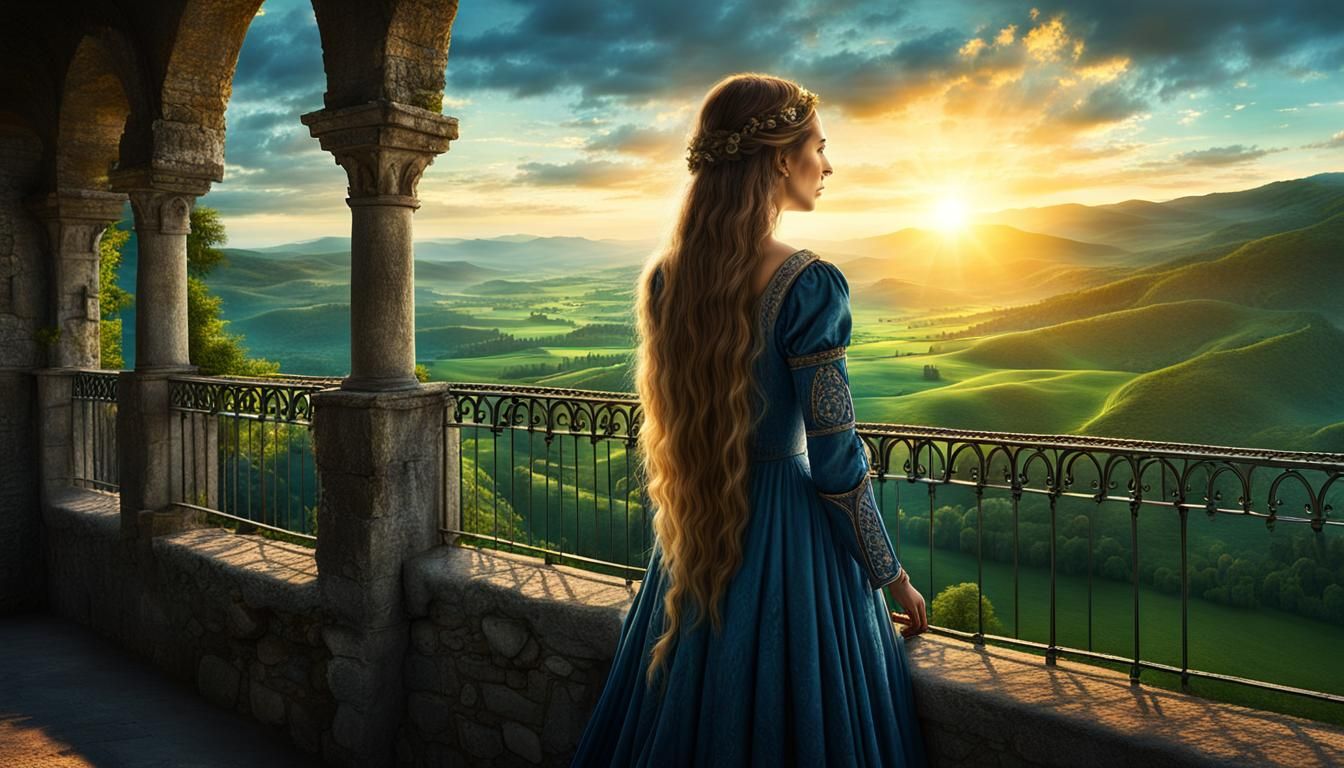 Girl in Medieval Dress Watches Sunrise