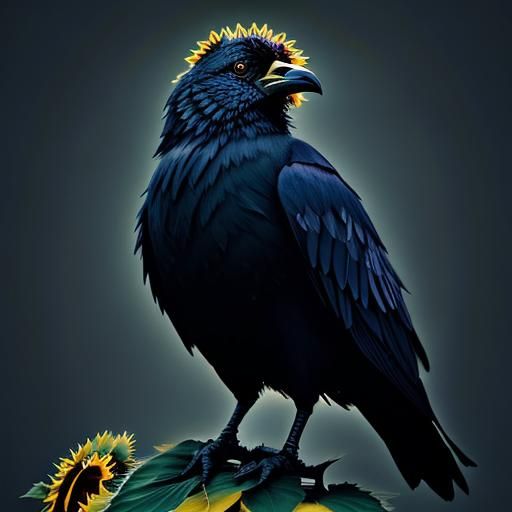 Midnight Crow on Sunflower Under Blue Moon