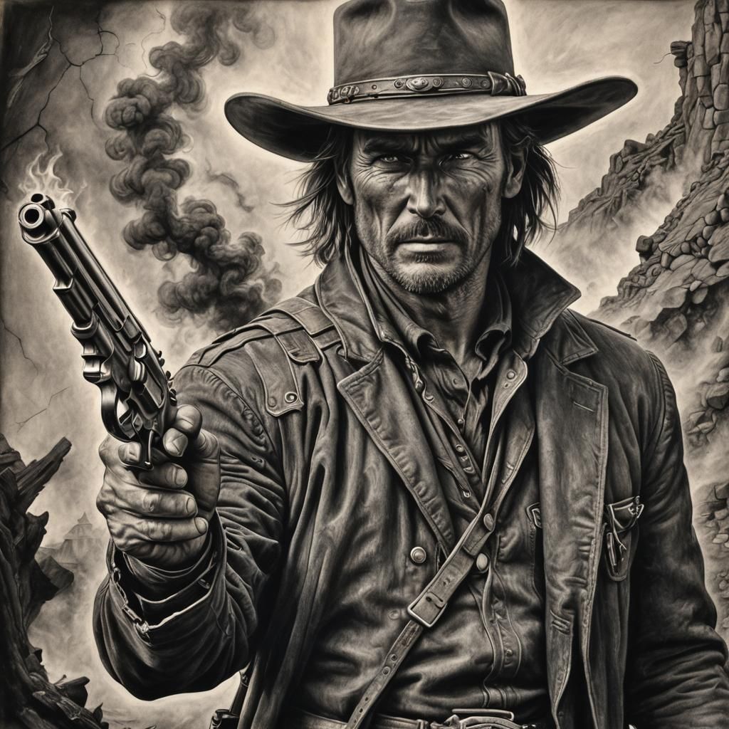 Hyperdetailed Charcoal Drawing of a Gunslinger