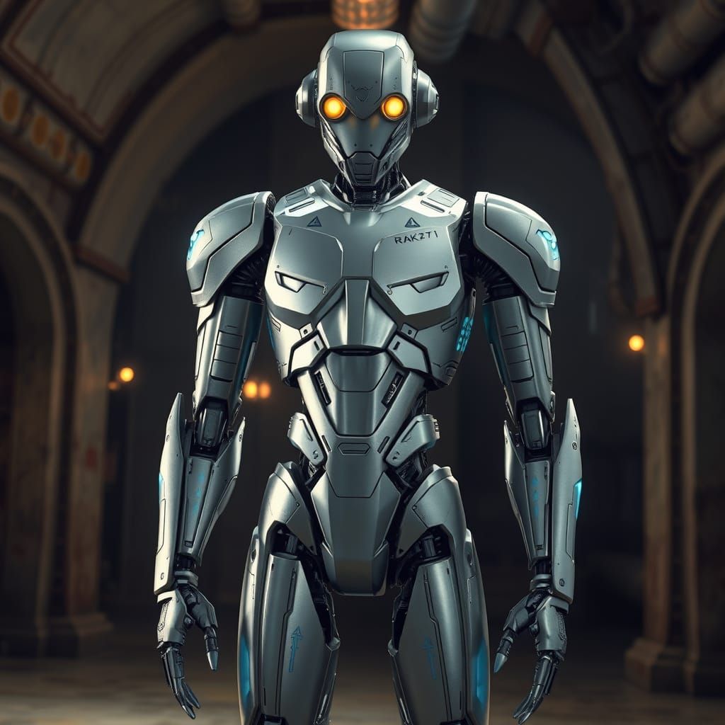 Sleek Humanoid Droid Stands in Ancient, Mystical Facility