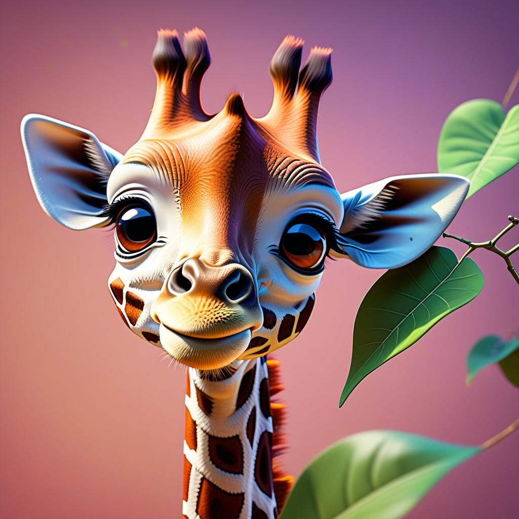 Adorable Giraffe Reaching for Leaf in 3D Style